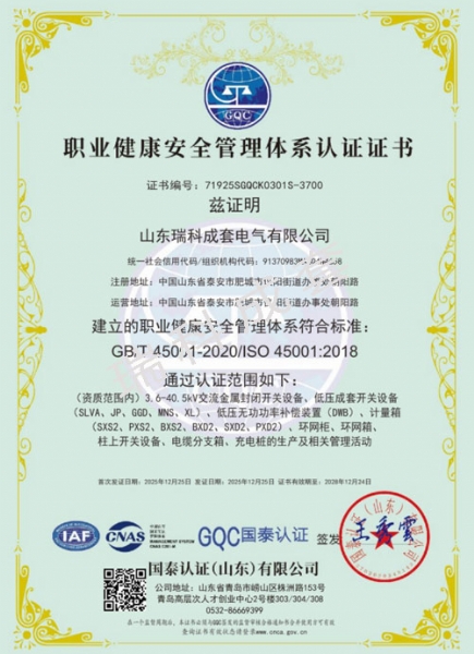 職業(yè)健康安全管理體系認證證書